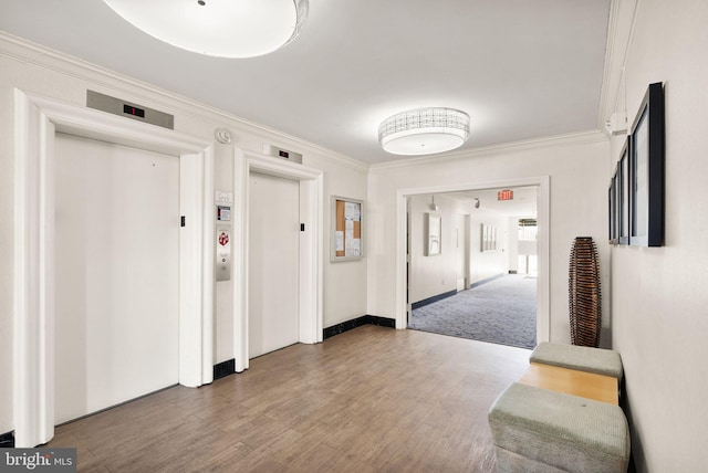 corridor with elevator, wood finished floors, baseboards, and ornamental molding