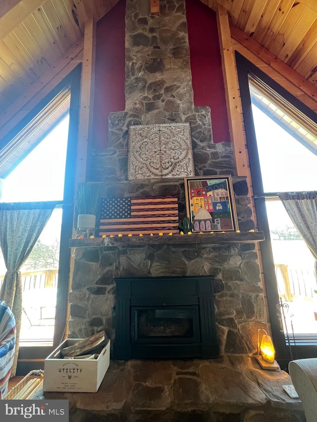 details with a stone fireplace and wooden ceiling