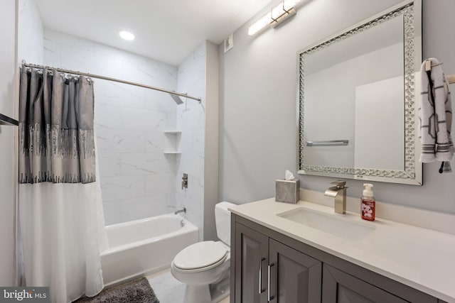 bathroom featuring shower / bath combo with shower curtain, toilet, marble finish floor, and vanity