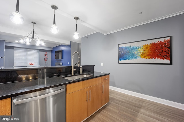 kitchen with a sink, crown molding, light wood finished floors, baseboards, and dishwasher