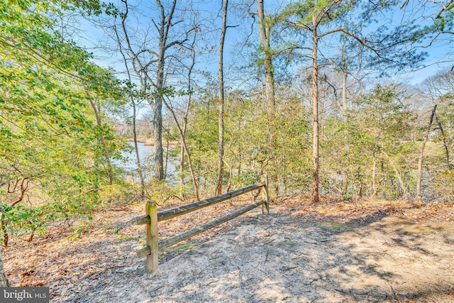 view of yard featuring a view of trees and a water view