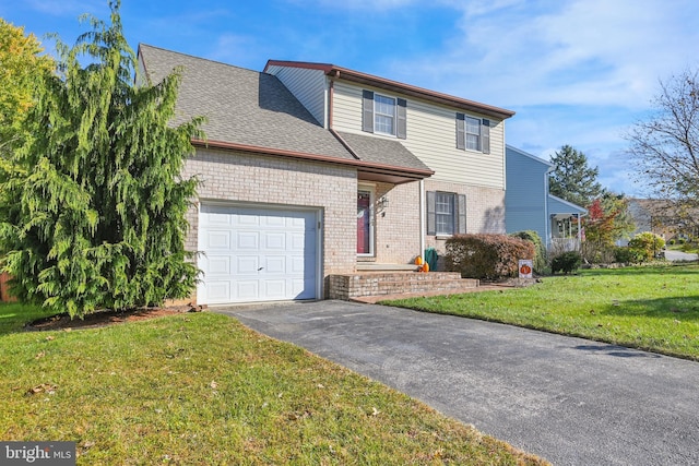 traditional home featuring driveway, an attached garage, a shingled roof, a front lawn, and brick siding