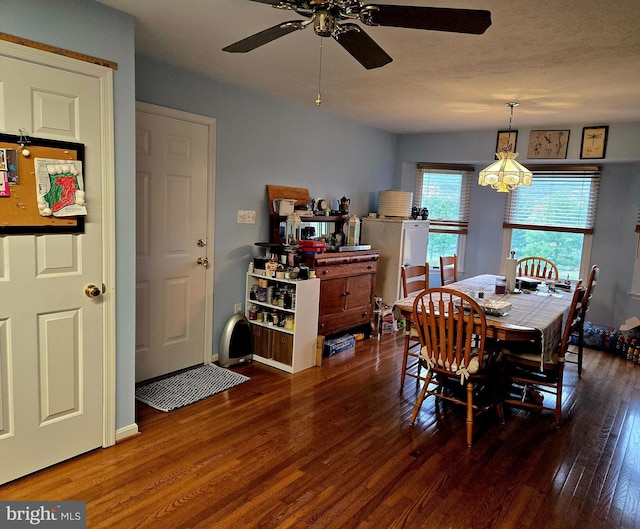 dining space with a textured ceiling, wood finished floors, and ceiling fan with notable chandelier