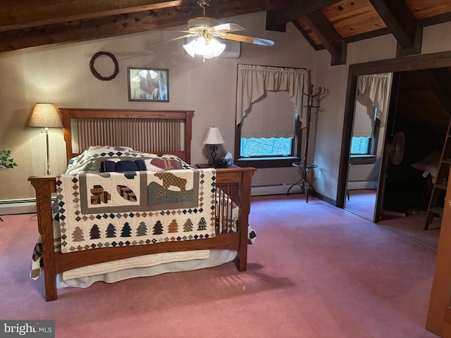 carpeted bedroom with vaulted ceiling with beams, a ceiling fan, baseboards, and baseboard heating