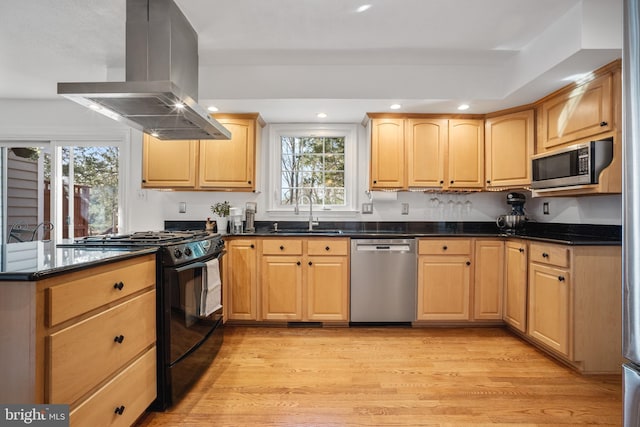 kitchen featuring light brown cabinetry, light wood-type flooring, island range hood, stainless steel appliances, and a sink