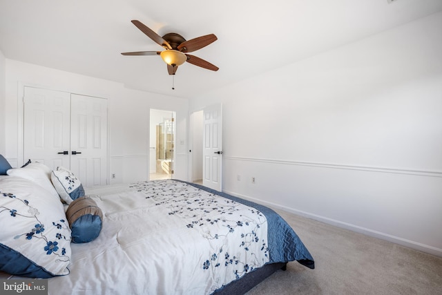 bedroom featuring a closet, baseboards, a ceiling fan, and carpet flooring