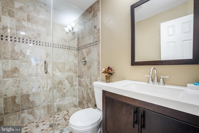 full bathroom with a shower stall, vanity, and toilet