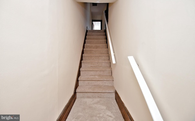 staircase with baseboards and carpet floors