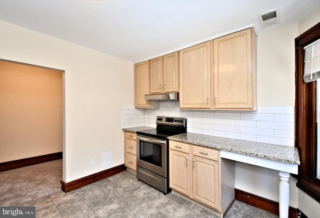 kitchen with visible vents, light brown cabinets, under cabinet range hood, decorative backsplash, and stainless steel range with electric stovetop