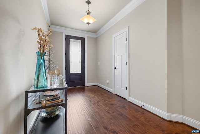 entrance foyer with dark wood-style floors, crown molding, and baseboards