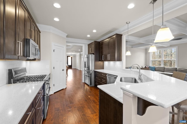 kitchen with dark wood-style floors, a sink, dark brown cabinets, appliances with stainless steel finishes, and a kitchen breakfast bar