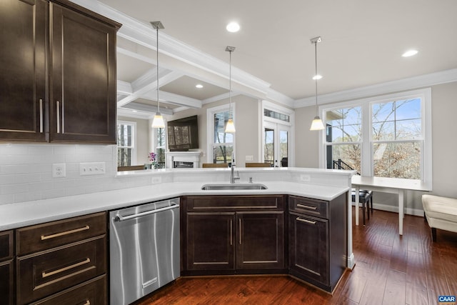 kitchen with a sink, stainless steel dishwasher, dark brown cabinets, and ornamental molding