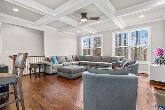 living room featuring beamed ceiling, recessed lighting, wood finished floors, and coffered ceiling