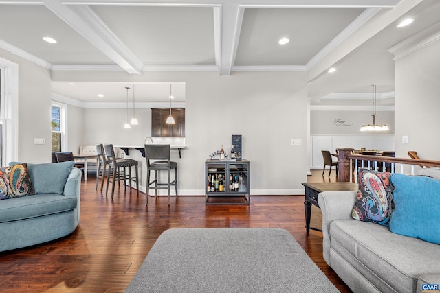 living room with beam ceiling, wood finished floors, recessed lighting, crown molding, and baseboards