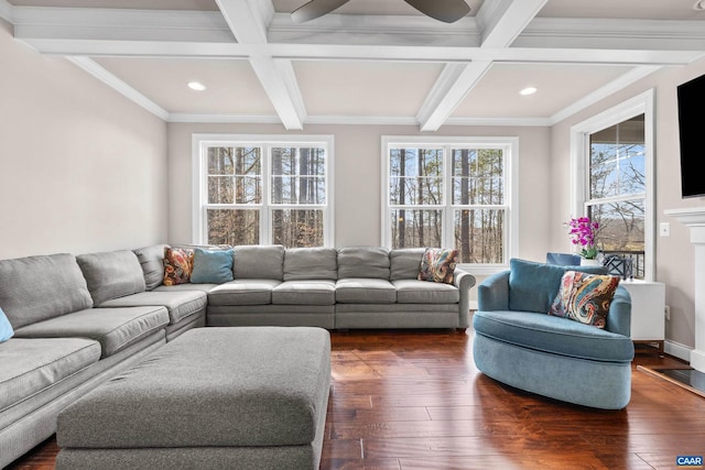 living area featuring beamed ceiling, coffered ceiling, and dark wood finished floors