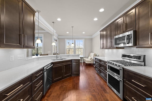 kitchen with a sink, light countertops, dark brown cabinets, appliances with stainless steel finishes, and crown molding