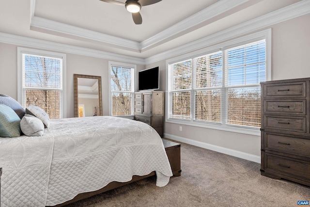 bedroom featuring a tray ceiling, crown molding, baseboards, and carpet floors