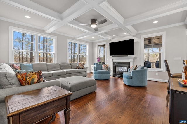 living area featuring beam ceiling, a glass covered fireplace, dark wood finished floors, and coffered ceiling