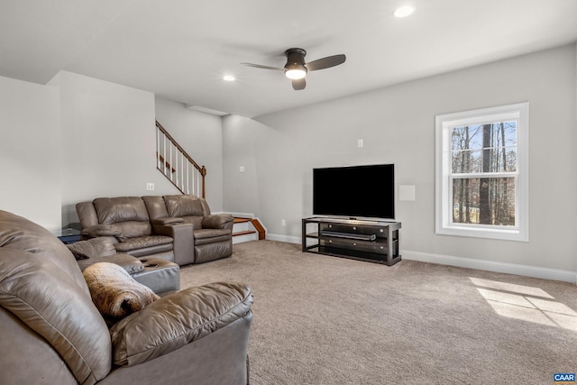 living room with stairs, carpet, recessed lighting, and baseboards