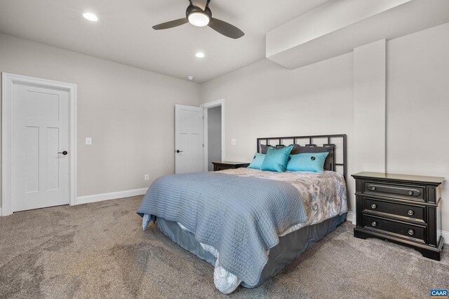 bedroom with recessed lighting, baseboards, carpet, and ceiling fan