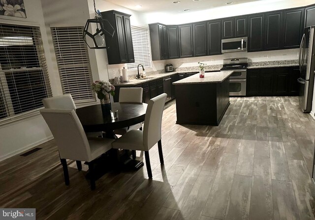 kitchen with wood finished floors, a kitchen island, a sink, appliances with stainless steel finishes, and dark cabinets