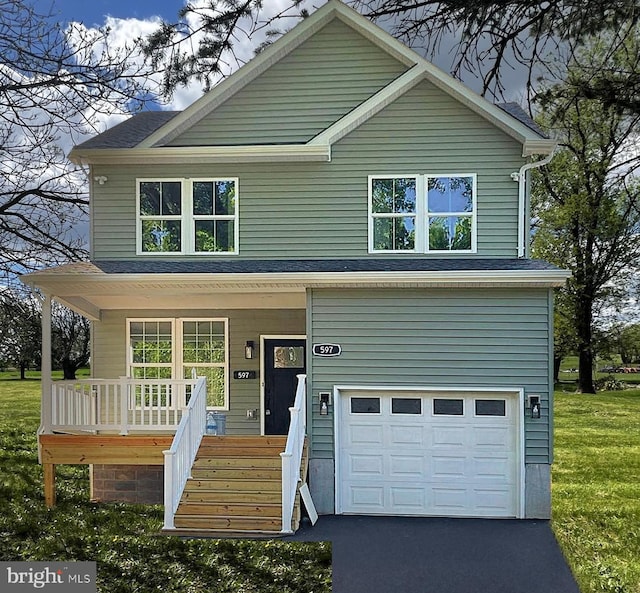 view of front of property featuring a front yard, a porch, a shingled roof, a garage, and aphalt driveway