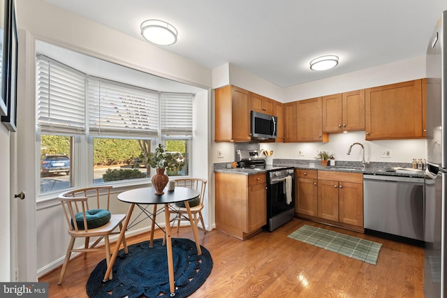 kitchen featuring a sink, appliances with stainless steel finishes, a healthy amount of sunlight, and light wood finished floors