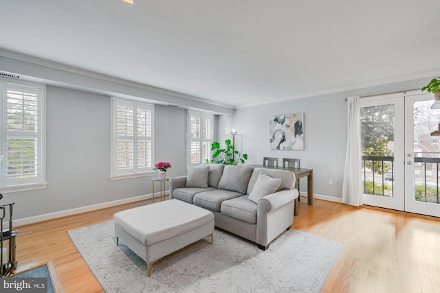 living area featuring baseboards, ornamental molding, and light wood finished floors