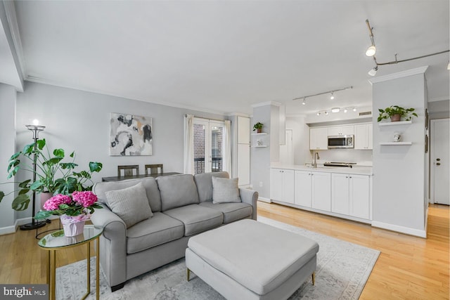 living area with rail lighting, baseboards, crown molding, and light wood finished floors