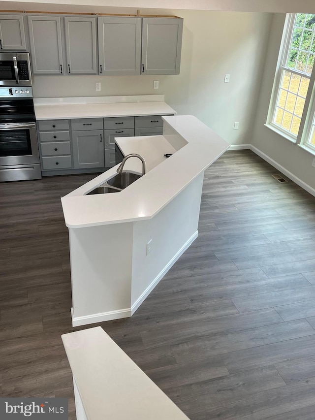 kitchen featuring dark wood-type flooring, gray cabinets, appliances with stainless steel finishes, and a sink