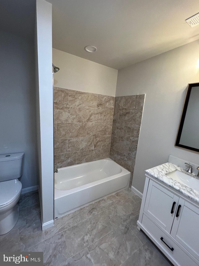 full bath with visible vents, toilet, shower / bath combination, baseboards, and vanity