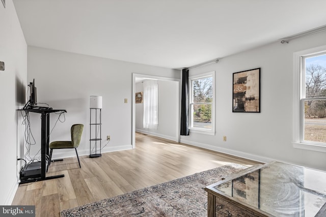 workout room featuring light wood-type flooring, plenty of natural light, and baseboards