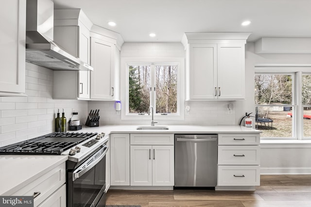 kitchen featuring wall chimney exhaust hood, plenty of natural light, appliances with stainless steel finishes, and a sink