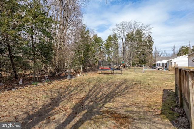 view of yard featuring a playground and a trampoline