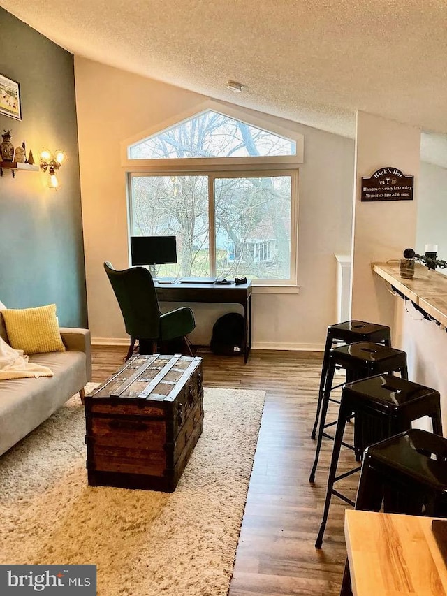 living room featuring baseboards, a textured ceiling, lofted ceiling, and wood finished floors