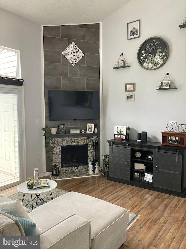 living room featuring a tile fireplace and wood finished floors