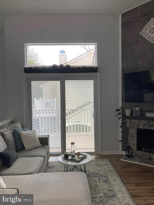 living room featuring baseboards, wood finished floors, and a fireplace