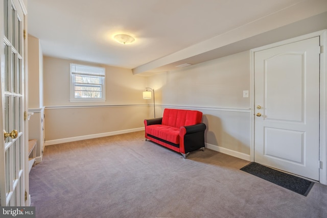 living area with carpet and baseboards