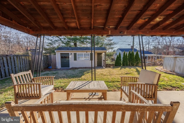 view of patio featuring an outbuilding and a fenced backyard