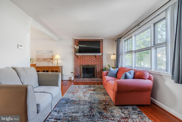 living room featuring a fireplace, wood finished floors, and baseboards