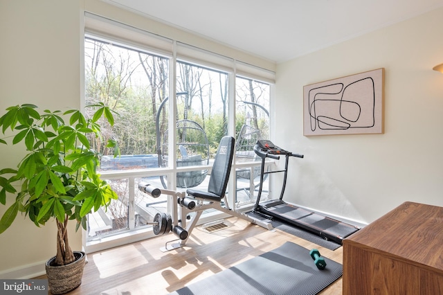 exercise area with visible vents and wood finished floors