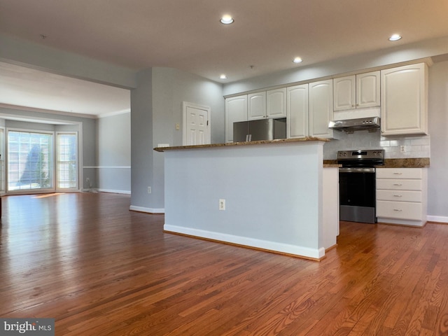 kitchen with baseboards, dark wood finished floors, under cabinet range hood, appliances with stainless steel finishes, and tasteful backsplash