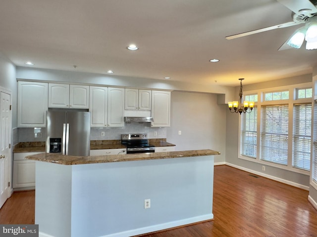 kitchen with decorative backsplash, wood finished floors, under cabinet range hood, and stainless steel appliances