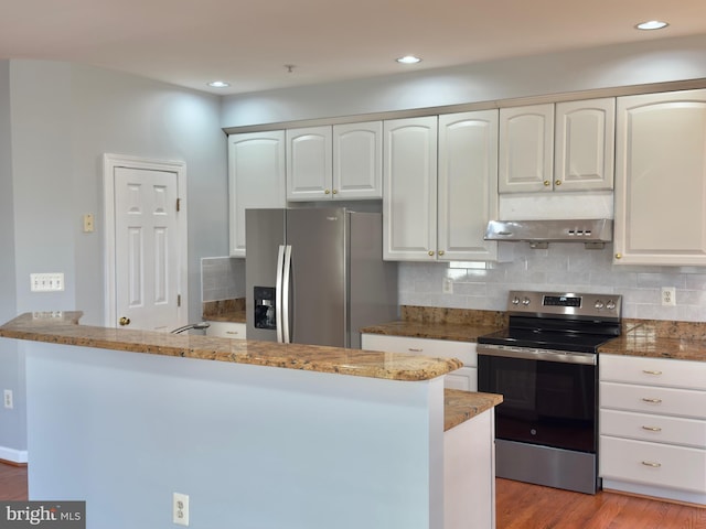 kitchen featuring under cabinet range hood, stainless steel appliances, stone counters, and decorative backsplash