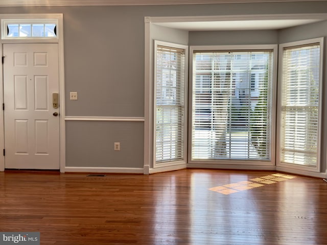 foyer featuring visible vents, plenty of natural light, wood finished floors, and baseboards