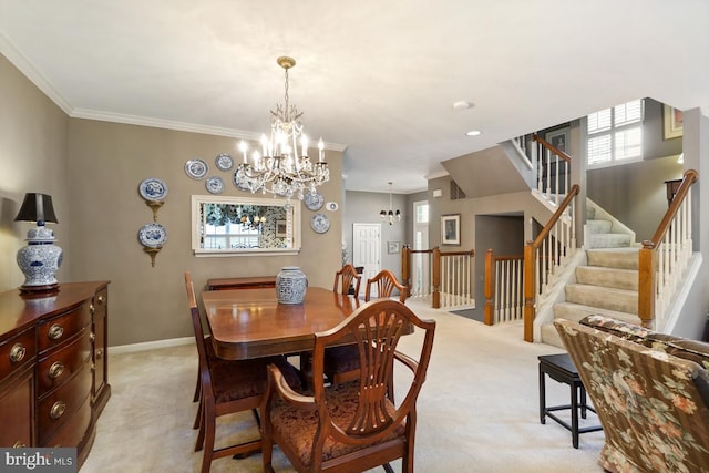 dining room with light carpet, stairway, and crown molding