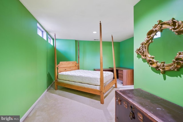 bedroom with carpet flooring, recessed lighting, and baseboards