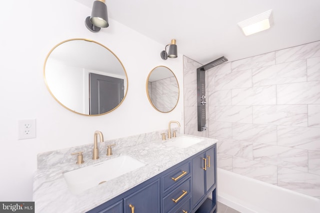 full bathroom featuring double vanity, a tub, a shower, and a sink