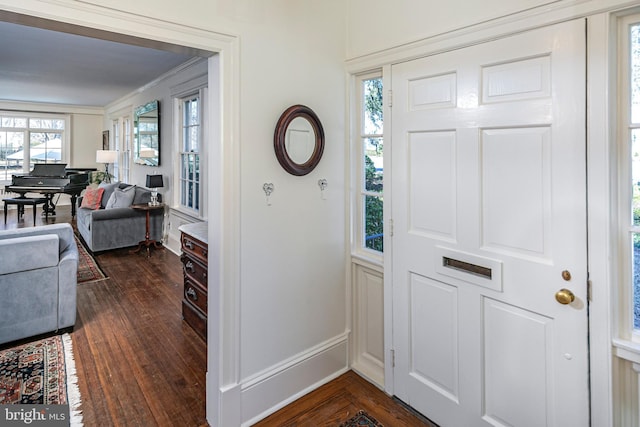 entrance foyer with baseboards, dark wood-style flooring, and ornamental molding