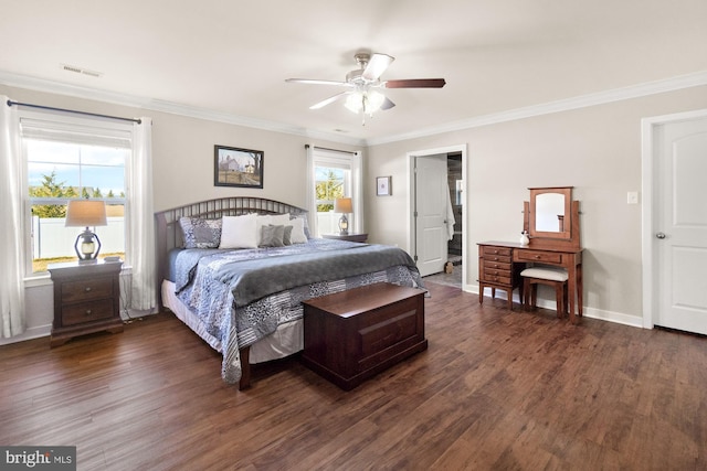 bedroom featuring visible vents, a ceiling fan, dark wood-style floors, crown molding, and baseboards